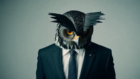 businessmans body features an owl head, slowly moving its feathers against a neutral grey background. the surreal combination creates a humorous and imaginative visual concept