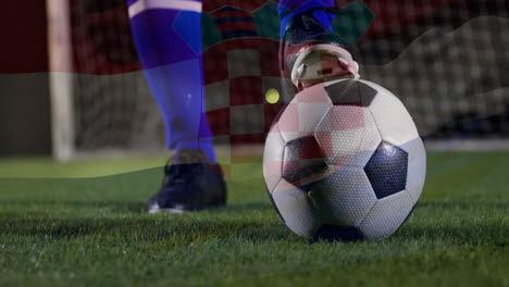 preparing to kick ball, soccer player with flag animation overlay on field