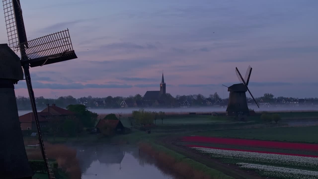 Vista aerea di campi di fiori colorati e mulini a vento storici vicino alla chiesa, Paesi Bassi
