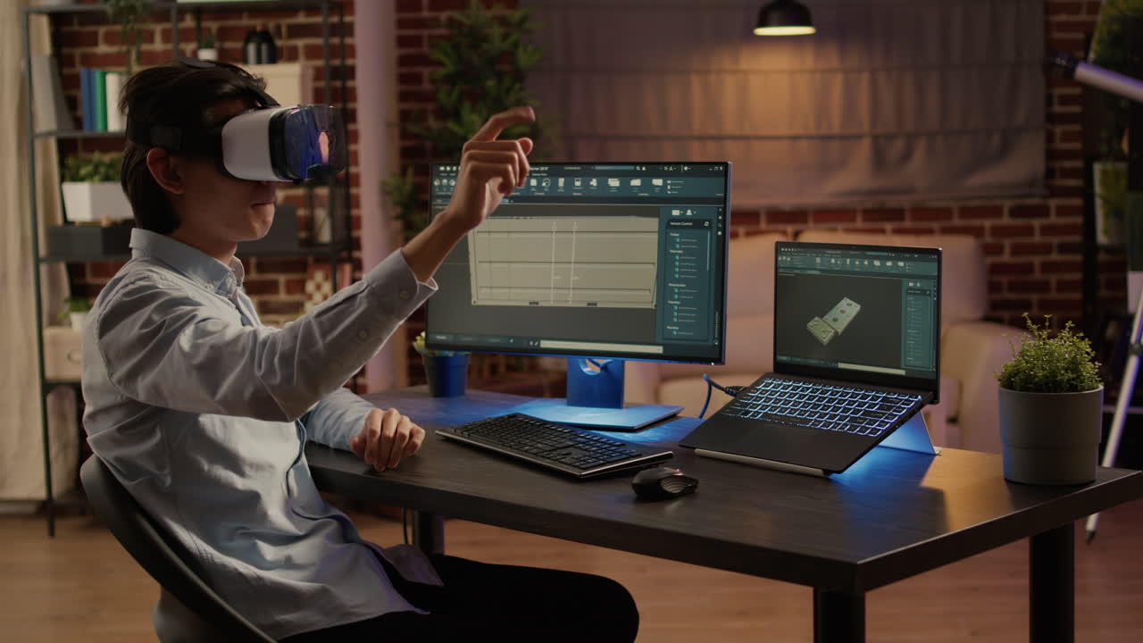 Man using virtual reality headset at desk