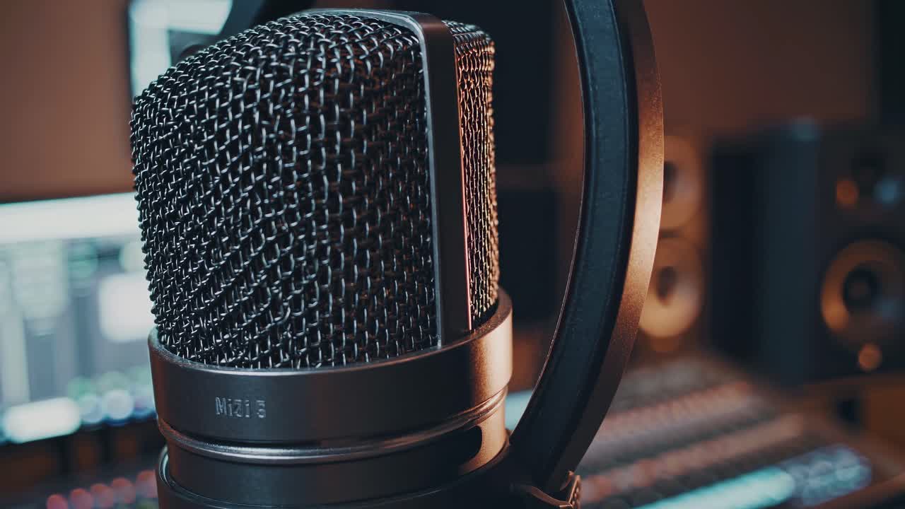 Close-up of a microphone in a recording studio, with a soft-focus background