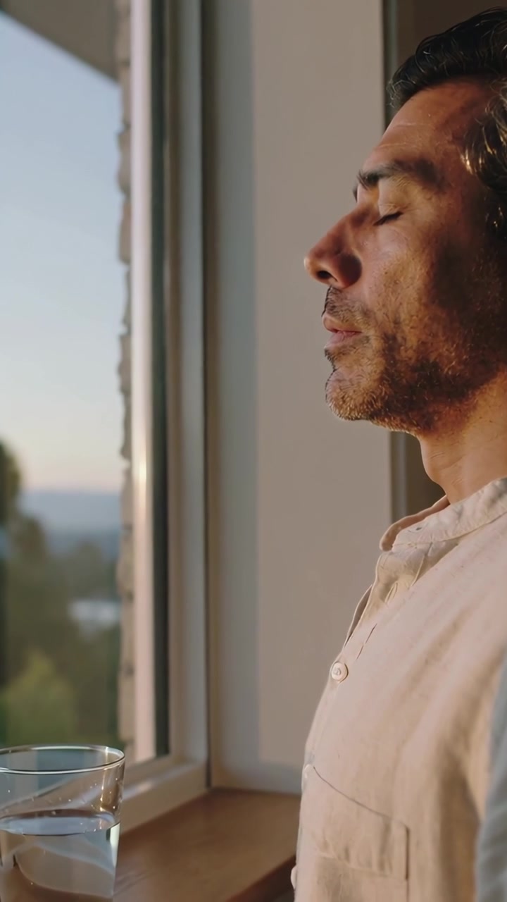 Video verticale: Luce solare che cade sul viso di un uomo calmo in camicia chiara che respira al davanzale della finestra