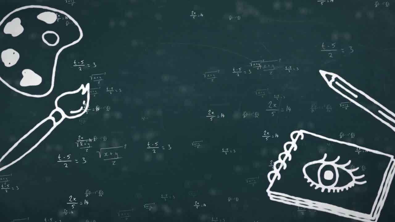 파란색 배경의 수학 방정식에 대한 여러 학교 개념 아이콘의 디지털 애니메이션