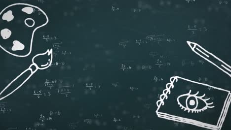 Digitale-Animation-Mehrerer-Schulkonzeptsymbole-Vor-Mathematischen-Gleichungen-Auf-Blauem-Hintergrund