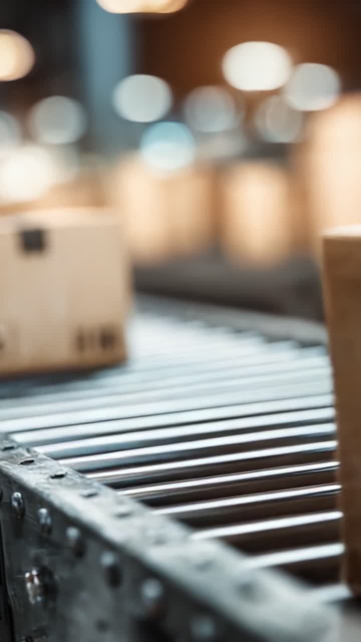 Una vista ravvicinata di una scatola di cartone marrone su un nastro trasportatore all'interno di un magazzino moderno, durante le operazioni di smistamento e consegna.