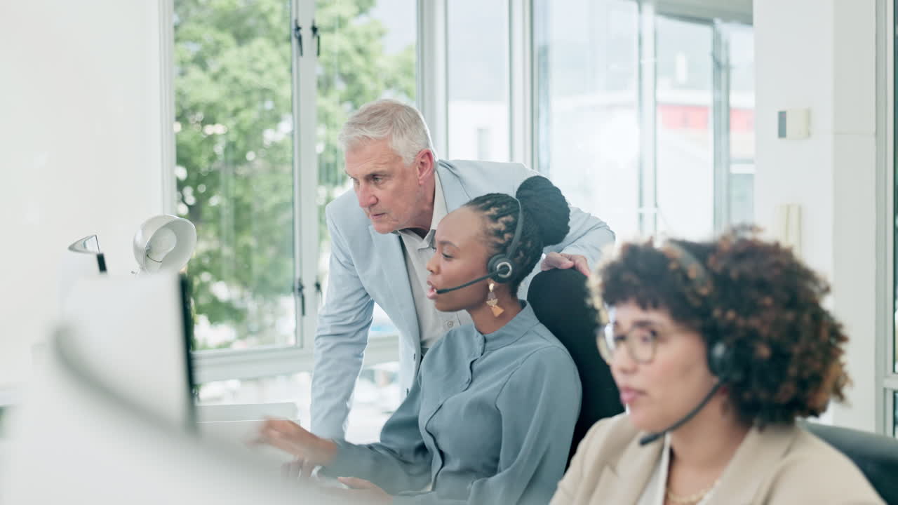 Call center, training and employee with computer