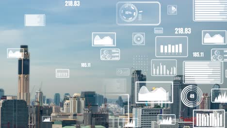interfaz de análisis de datos de negocios volar sobre la ciudad inteligente mostrando alteración futuro