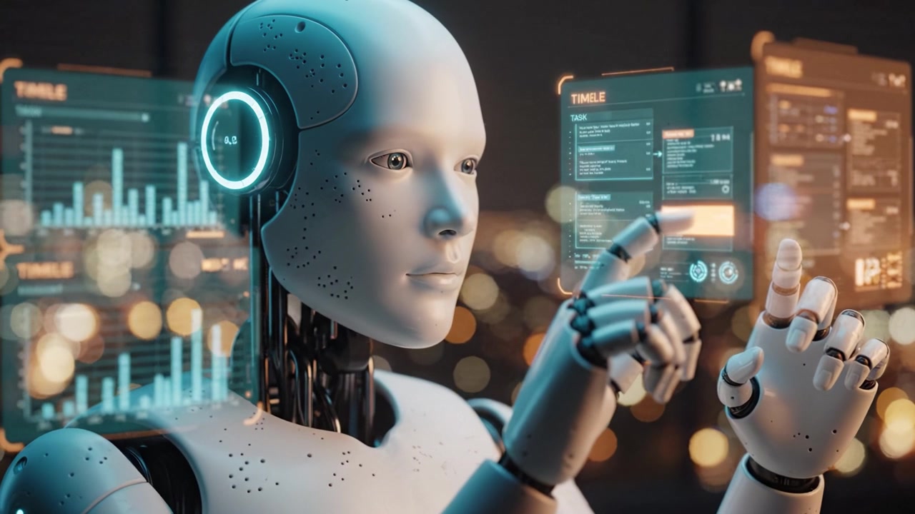 A futuristic robot with a glowing interface stands against a city skyline, showcasing advanced technology and artificial intelligence in a sophisticated urban setting.