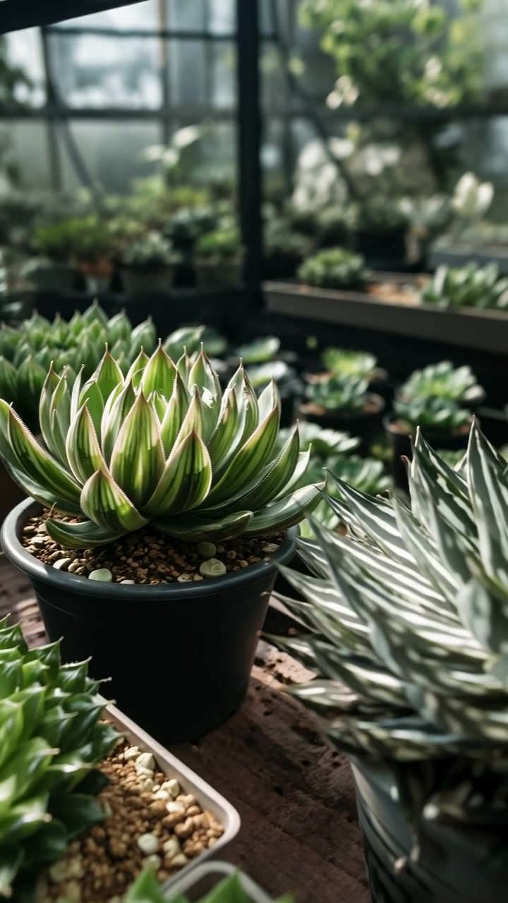 Vista ravvicinata di serra con rosette di succulente variegate e verdi in vasi bassi, copertura di ciottoli, scaffalature metalliche, luce diurna soffusa, contrasto delicato e texture botanica su strati.