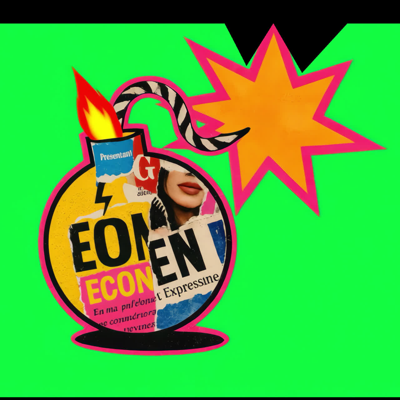 Explosive collage concept animation isolated asset, transparent 4K video, alpha channel, ProRes 4444