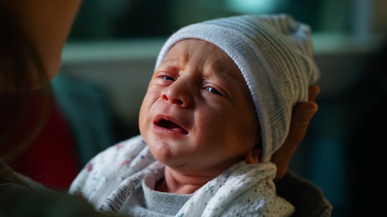 A tender moment captures the emotional distress of an infant, showcasing the pure and raw expressions of vulnerability and the deep connection between caregiver and child in a heartfelt scene