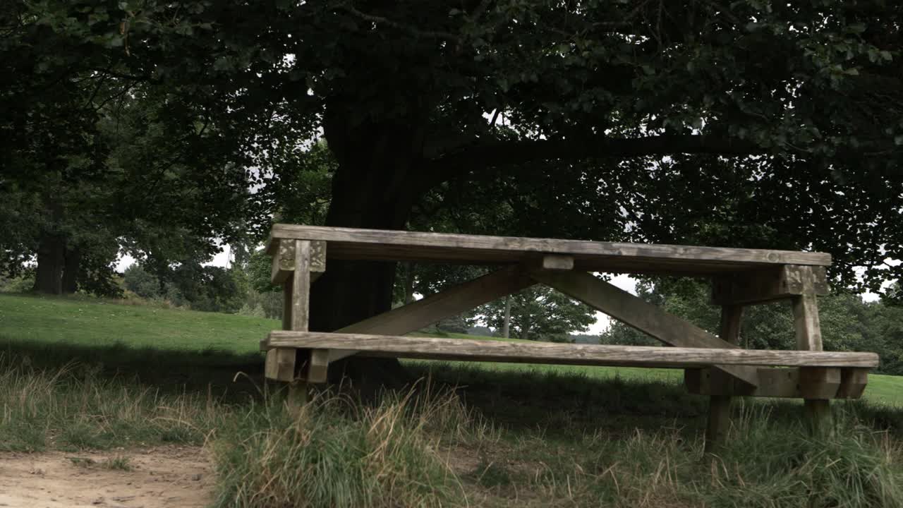 시골 공원 중간 패닝 샷의 소박한 나무 피크닉 벤치