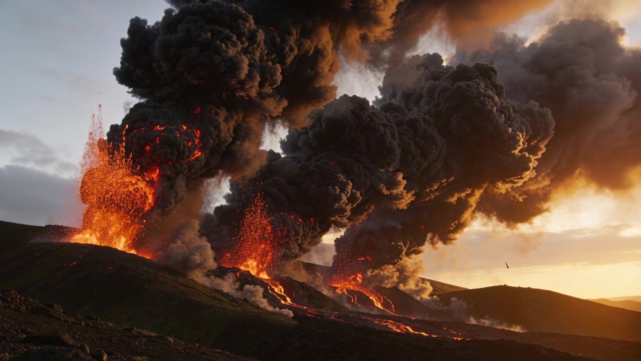 Bocche eruttive iniziano a sfogare e a lanciare fontane di lava su una cresta al crepuscolo, con pennacchi di cenere e colate incandescenti.