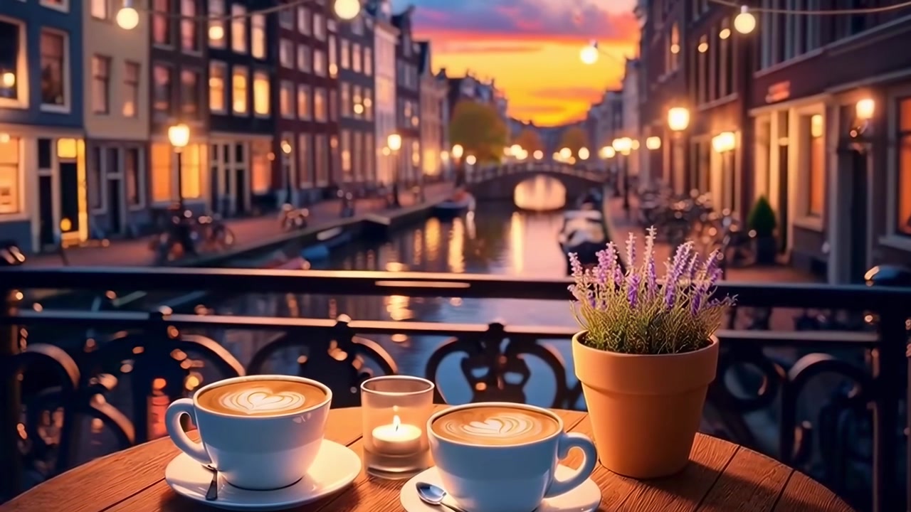 Due caffè fumanti su un balcone con vista su una città europea con canali al tramonto