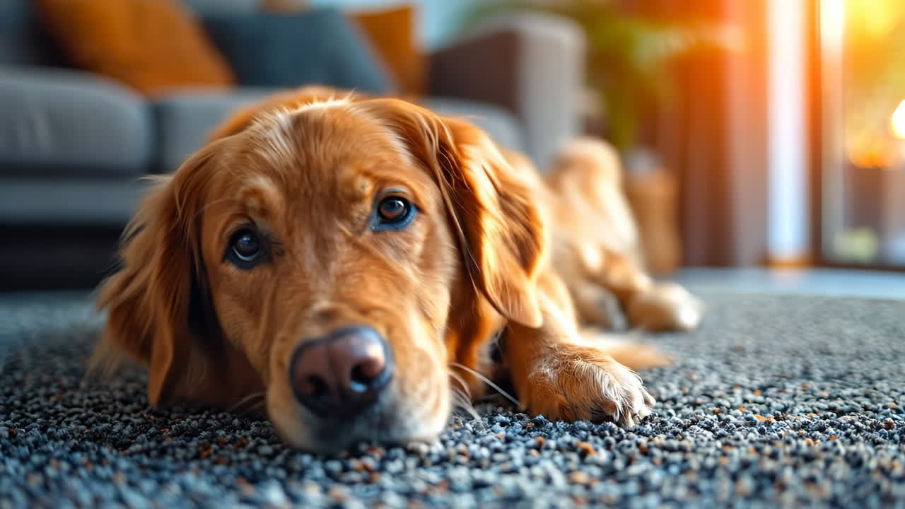 Golden retriever resting on carpet. A close-up of a golden retriever lying on the floor at home with soft sunlight coming through the window