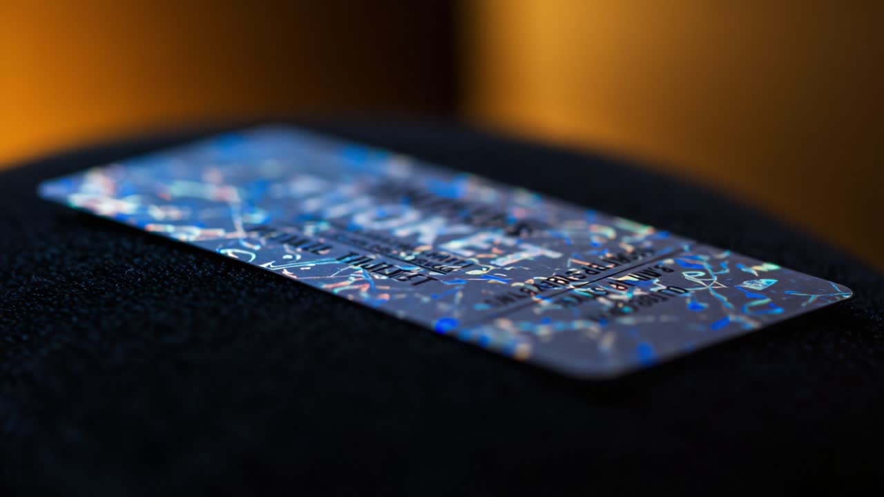 Close-Up View of a Shimmering Credit Card Resting on a Soft Surface, Highlighting Its Holographic Patterns and Unique Design Features in Two Distinct Frames