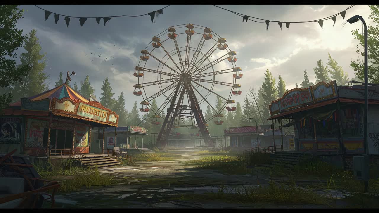 A Hauntingly Beautiful Abandoned Amusement Park Scene Featuring a Ferris Wheel Surrounded by Overgrown Foliage and Decaying Stalls Under a Dramatic Sky