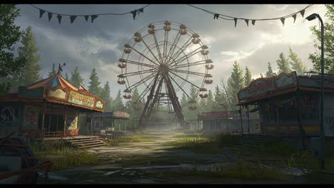 a hauntingly beautiful abandoned amusement park scene featuring a ferris wheel surrounded by overgrown foliage and decaying stalls under a dramatic sky