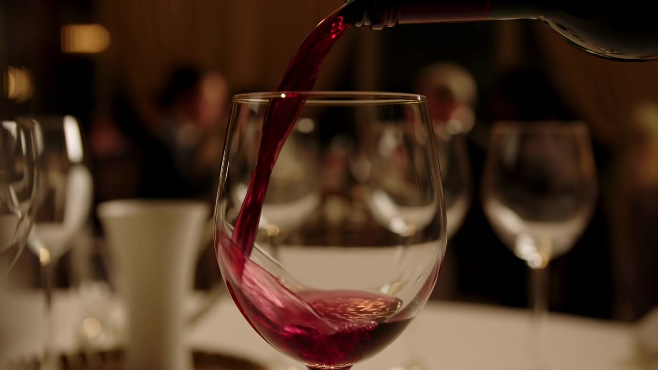 Primo piano di vino rosso che scorre dalla bottiglia in un calice di vino trasparente, creando un ricco vortice cremisi, una leggera increspatura, riflessi lucidi e un'atmosfera calda e intima da ristorante con luce soffusa e bassa e