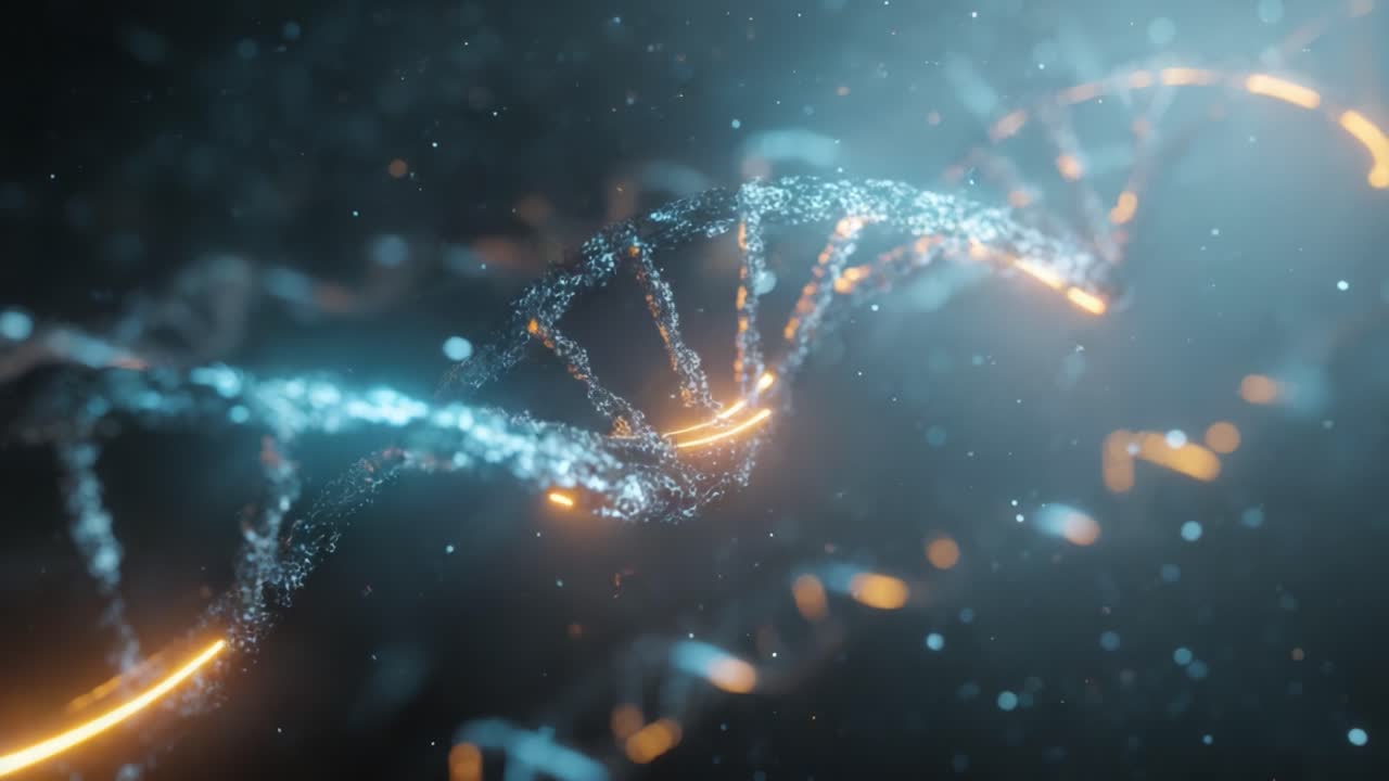 Abstract digital double helix rotating in a dark futuristic scene with glowing particles, conveying genetic engineering, biotechnology, molecular research and innovation