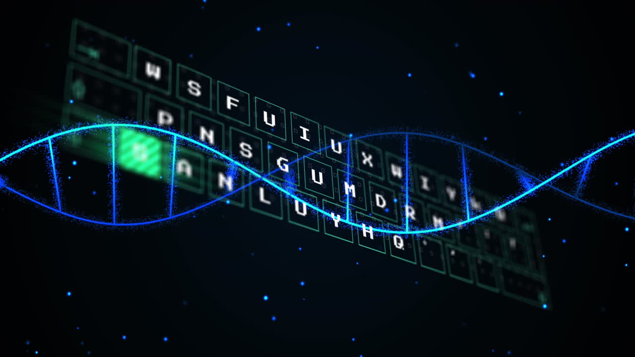 Animation of spinning dna structure over data processing and blue glowing spots
