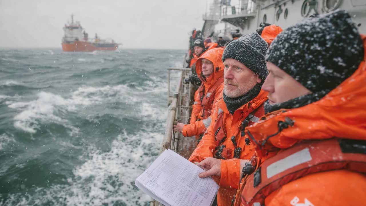 Crew in Bright Orange Gear Observing Ship in Stormy Waters, Facing Harsh Weather, Preparing for Potential Challenges in Maritime Operations