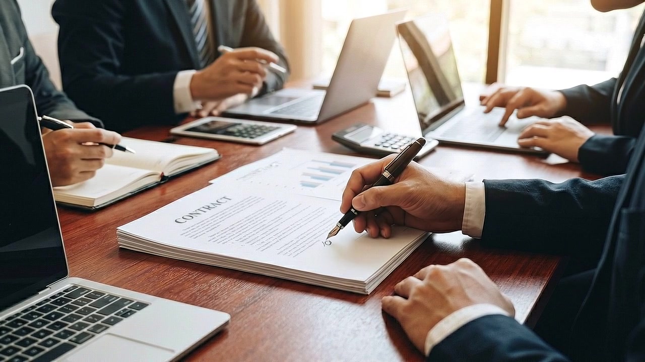Business professionals reviewing documents together at office table at work
