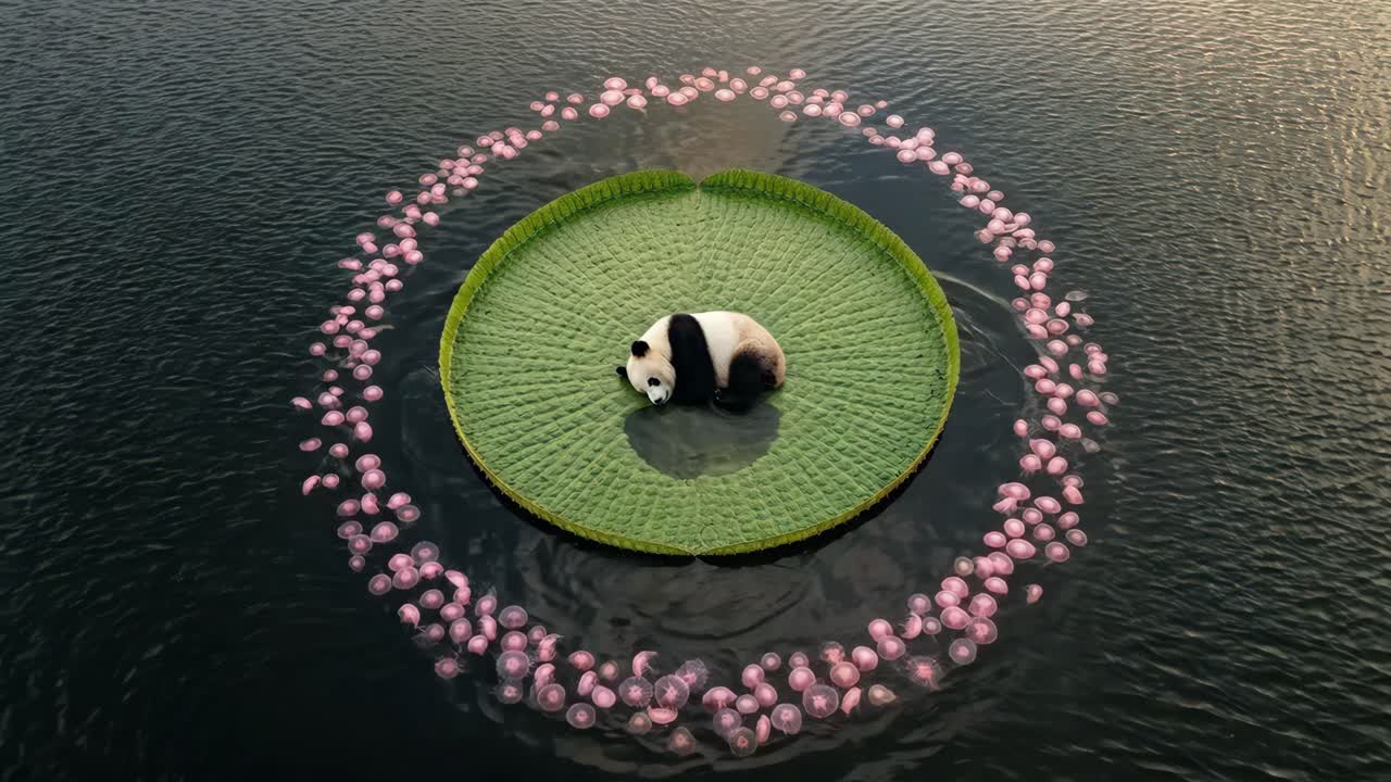 Panda che dorme serenamente su una gigantesca ninfea circondato da meduse rosa.
