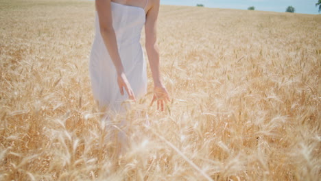 girl figure walks rye field sunshine closeup. smiling lady arranging hair nature