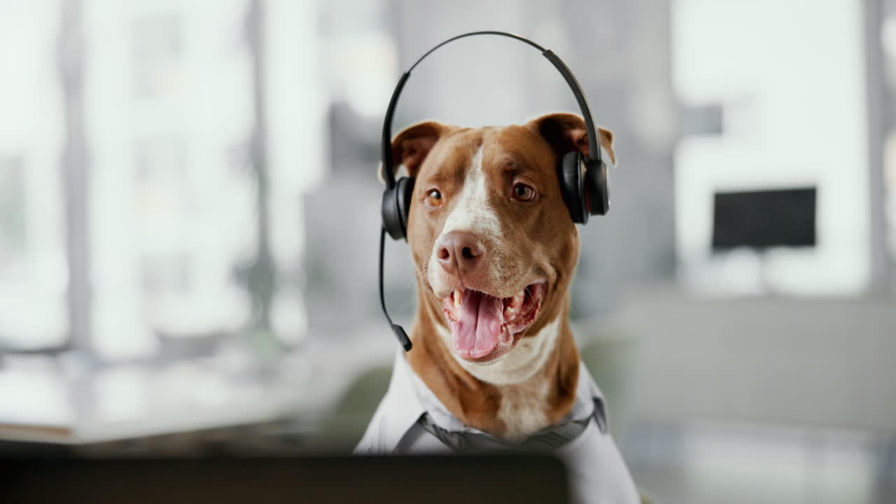 Dog wearing a headset in an office