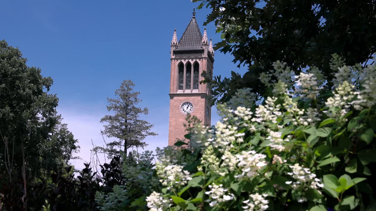 campanile de la universidad estatal de iowa en ames, iowa con vista a través de árboles y flores video estable