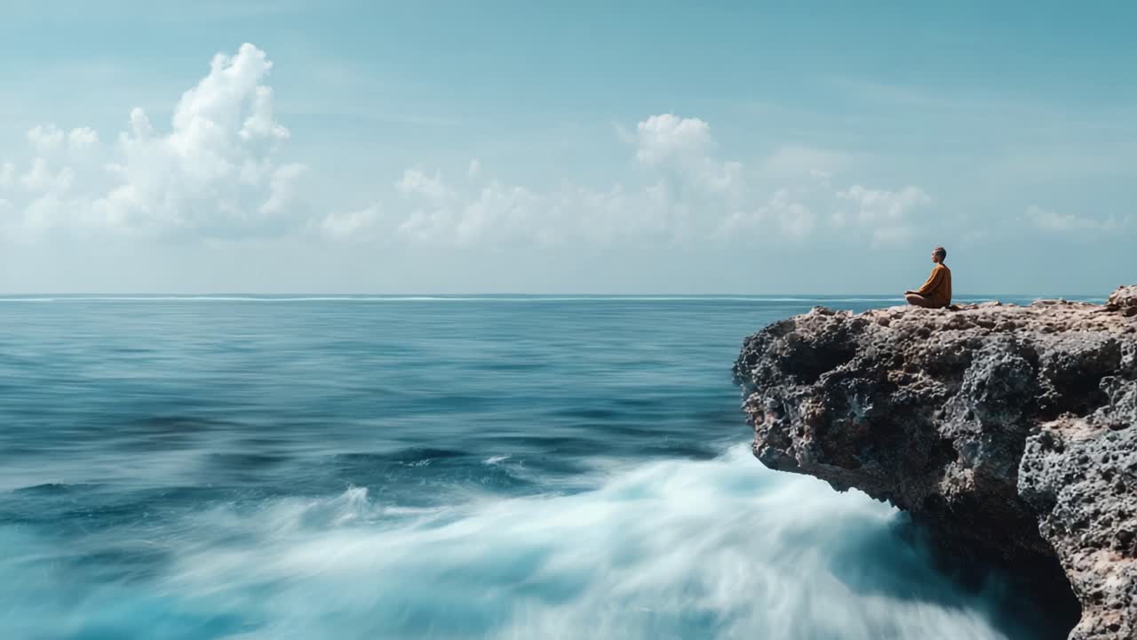 A Serene Moment by the Ocean: A Peaceful Individual Sitting on a Rocky Edge, Meditating While Waves Gently Splash Below Against a Tranquil Sky and Seascape