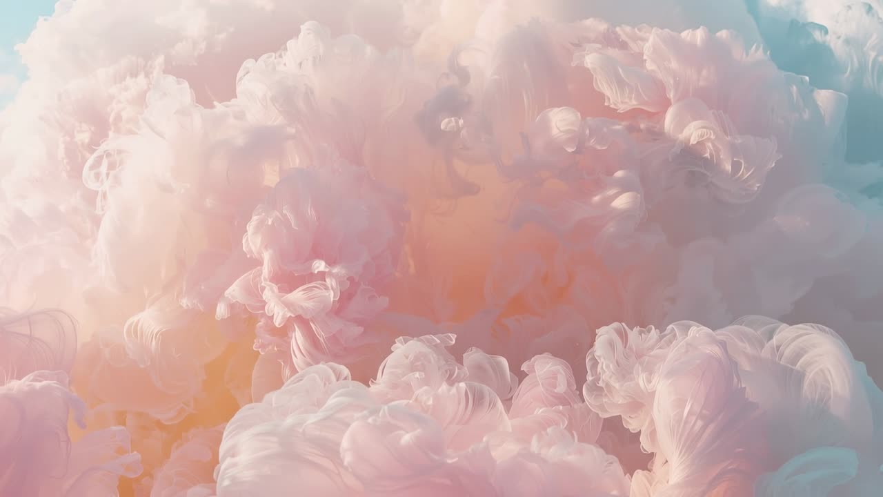 Expanding large pastel plume reacting to first frame in studio, revealing warm peach cavity