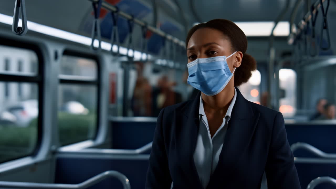 Professional Woman in Face Mask Commuting on Public Transport