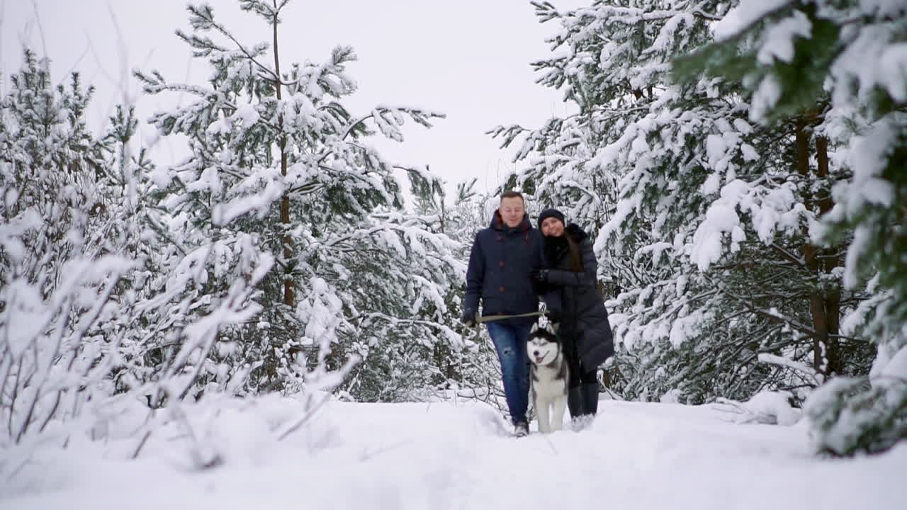 hombre y mujer caminando con husky siberiano en el bosque de invierno