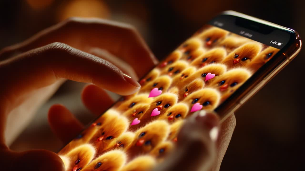 A Close-Up View of a Hand Using a Smartphone Displaying a Colorful and Adorable Background of Cute, Fluffy Creatures with Heart Icons, Perfect for Animal Lovers and Technology Enthusiasts