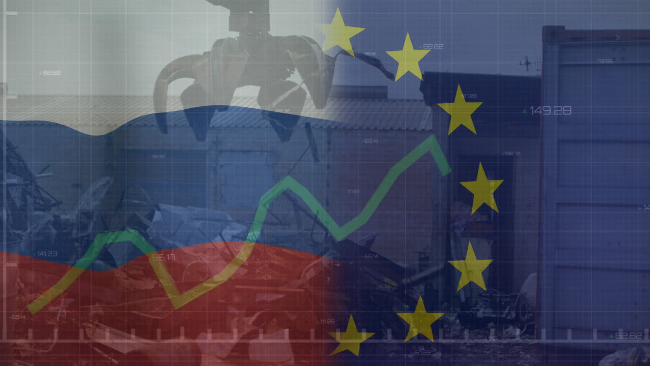 Animering av EU- och Rysslandsflagga och bearbetning av statistikdata över maskin på skrotgård