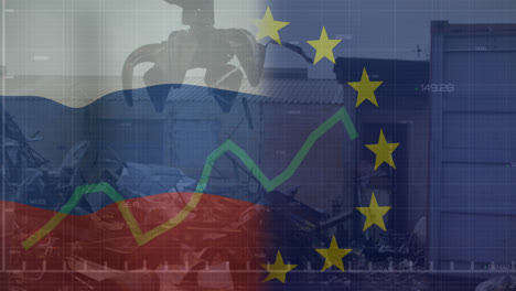 animation of eu and russia flag and statistics data processing over machine at junkyard
