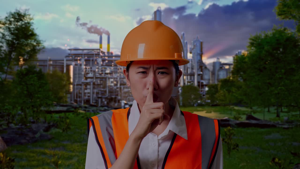 Close Up Of Asian Female Engineer With Safety Helmet Making Shh Gesture While Standing In Front Of Oil Refinery