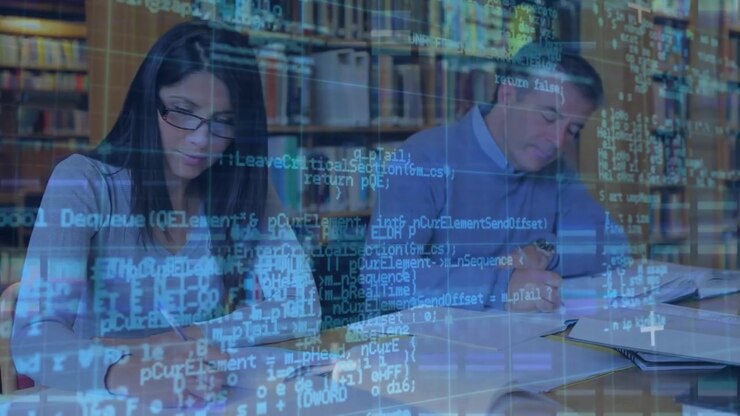 Animation of data processing over diverse business people using computer