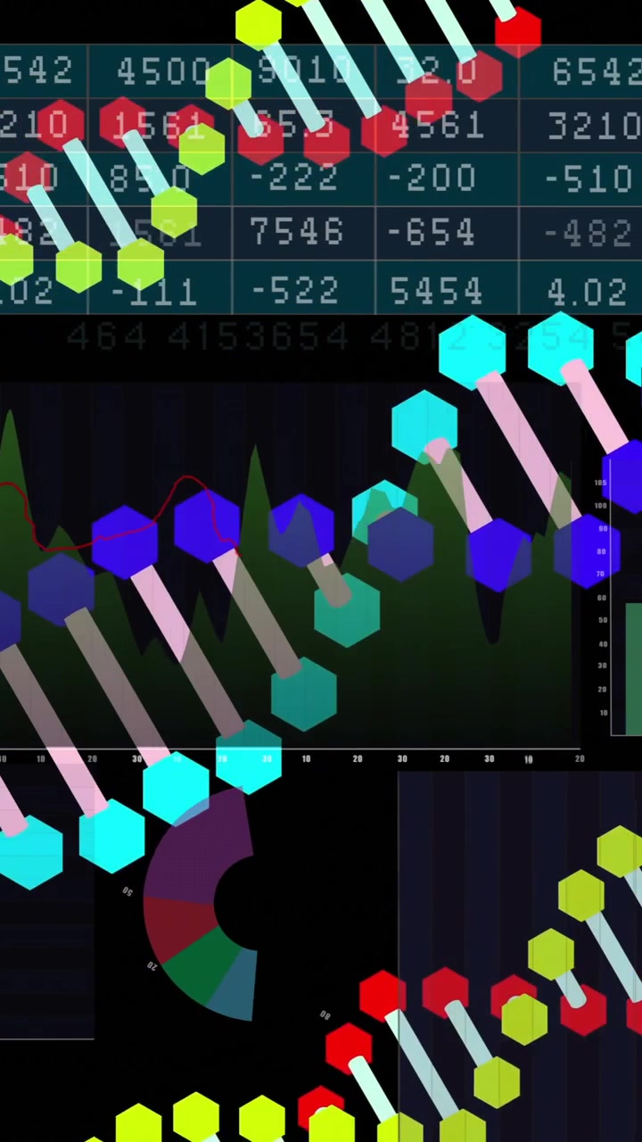 Animazione di elaborazione di dati digitali su filamenti di DNA.