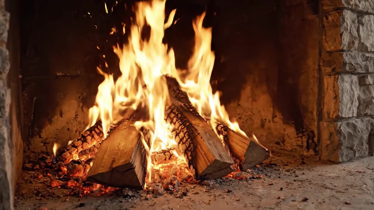 Un focolare accogliente: che abbraccia il calore e la luce di un fuoco scoppiettante in un caminetto rustico in pietra, perfetto per le notti fredde e i momenti di relax.