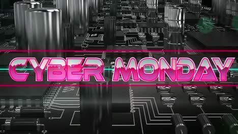 Cyber-monday-text-on-neon-banner-against-close-up-of-microprocessor-connections-on-motherboard