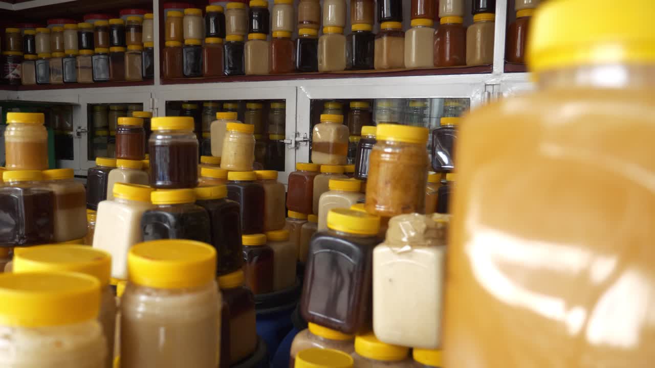 Honey shop ready for sell and export, natural and crowded.