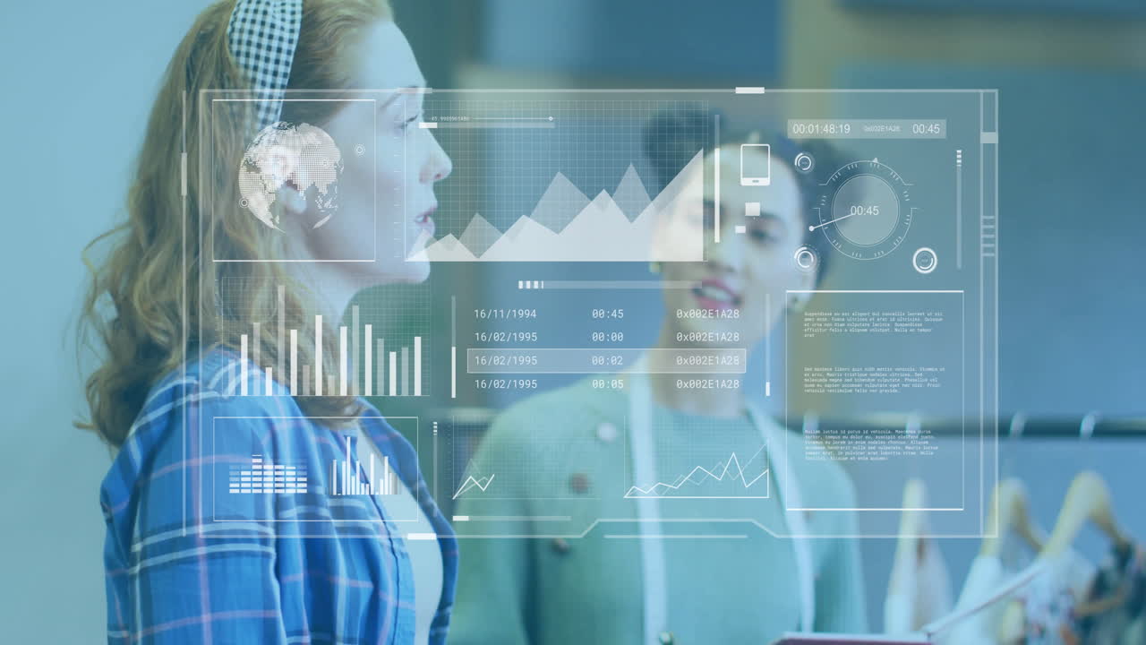 Animation of financial data processing over diverse business people in office