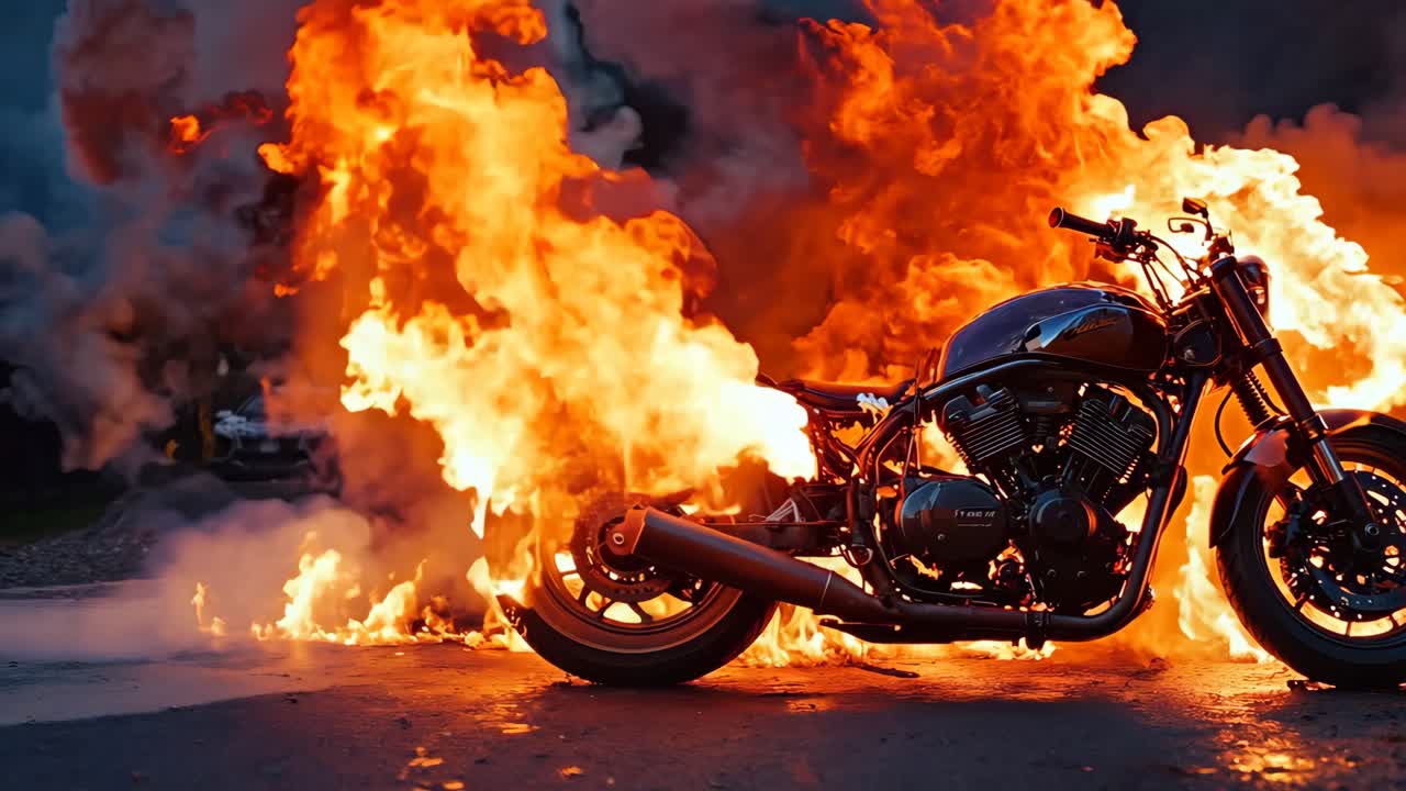 una motocicleta está envuelta por llamas en la carretera