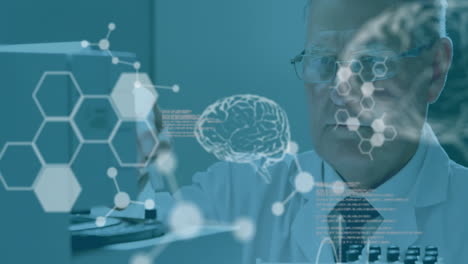 animación de procesamiento de datos científicos y cerebros humanos sobre científico caucásico en el laboratorio