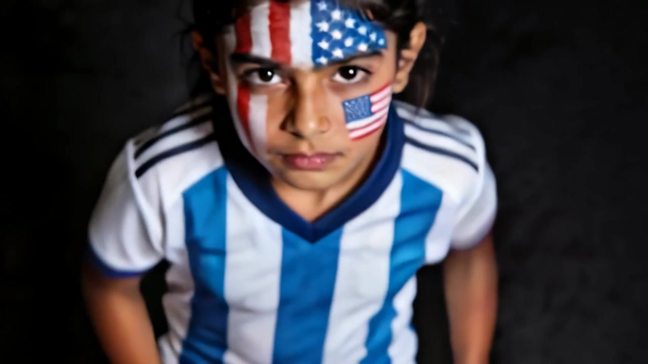 Die Kamera fährt zurück, ein Mädchen im gestreiften Trikot sprintet zum Aufwärmen auf grauem Boden, mit US-Flaggen-Gesichtsbemalung.