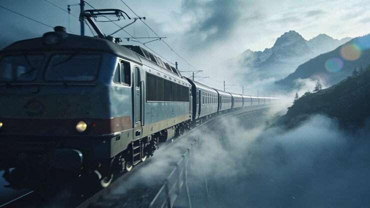 Headlights piercing fog, emerging silver train carrying people along high bridge, pantograph raised