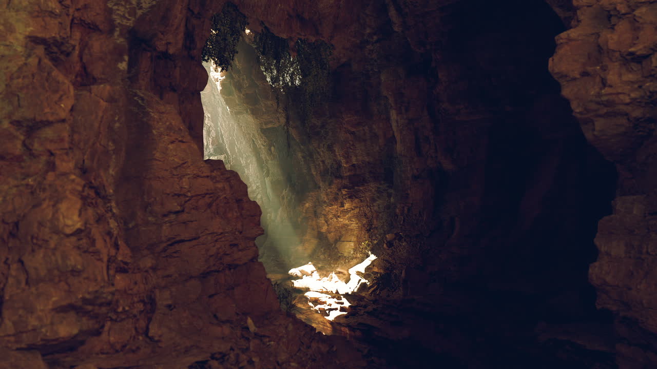 Sunlight streaming into a rocky cave revealing hidden beauty at dawn